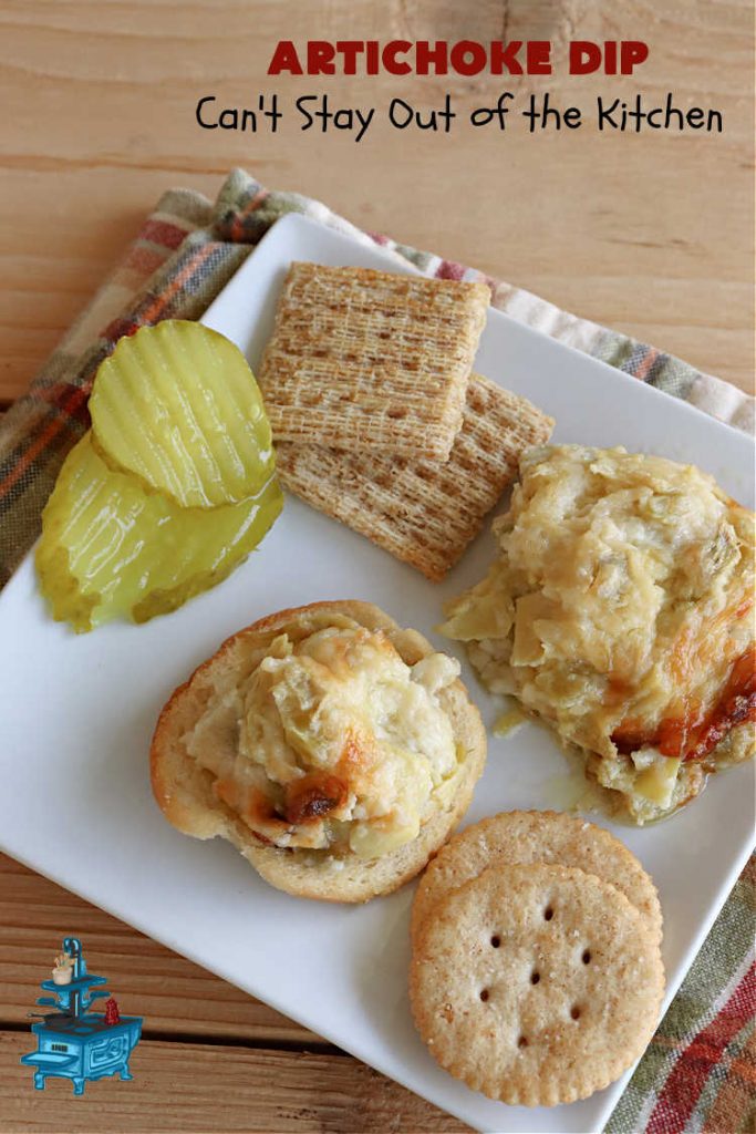 Artichoke Dip | Can't Stay Out of the Kitchen | this delicious #ArtichokeDip uses only 5 ingredients & is perfect for #NewYearsEve, #NewYearsDay, #tailgating or #SuperBowl parties. Includes #Mozzarella & #Parmesan cheeses & diced #GreenChilies to amp up the flavors. #appetizer #GlutenFree #HolidayAppetizer
