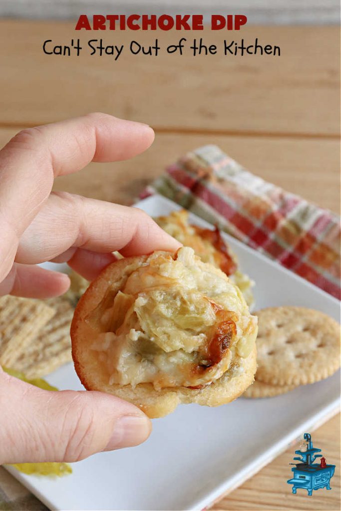 Artichoke Dip | Can't Stay Out of the Kitchen | this delicious #ArtichokeDip uses only 5 ingredients & is perfect for #NewYearsEve, #NewYearsDay, #tailgating or #SuperBowl parties. Includes #Mozzarella & #Parmesan cheeses & diced #GreenChilies to amp up the flavors. #appetizer #GlutenFree #HolidayAppetizer