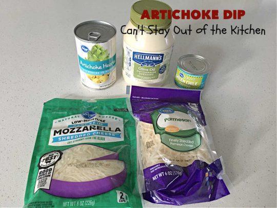 Artichoke Dip | Can't Stay Out of the Kitchen | this delicious #ArtichokeDip uses only 5 ingredients & is perfect for #NewYearsEve, #NewYearsDay, #tailgating or #SuperBowl parties. Includes #Mozzarella & #Parmesan cheeses & diced #GreenChilies to amp up the flavors. #appetizer #GlutenFree #HolidayAppetizer