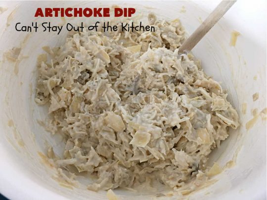 Artichoke Dip | Can't Stay Out of the Kitchen | this delicious #ArtichokeDip uses only 5 ingredients & is perfect for #NewYearsEve, #NewYearsDay, #tailgating or #SuperBowl parties. Includes #Mozzarella & #Parmesan cheeses & diced #GreenChilies to amp up the flavors. #appetizer #GlutenFree #HolidayAppetizer