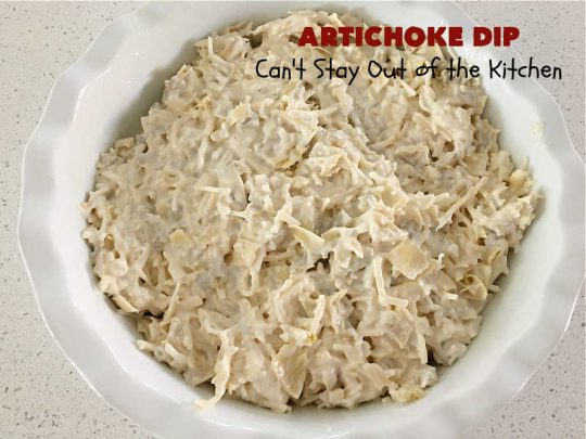 Artichoke Dip | Can't Stay Out of the Kitchen | this delicious #ArtichokeDip uses only 5 ingredients & is perfect for #NewYearsEve, #NewYearsDay, #tailgating or #SuperBowl parties. Includes #Mozzarella & #Parmesan cheeses & diced #GreenChilies to amp up the flavors. #appetizer #GlutenFree #HolidayAppetizer