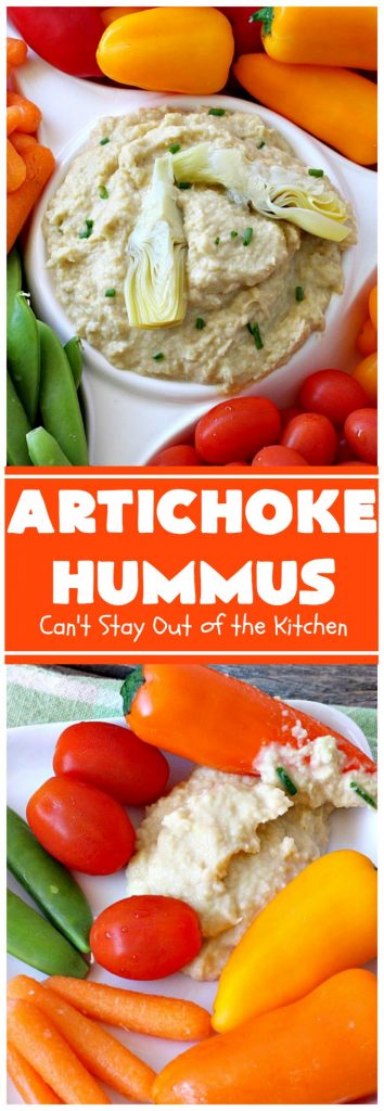 Artichoke Hummus | Can't Stay Out of the Kitchen | this amazing #hummus #appetizer is great for #tailgating parties, potlucks, backyard #BBQs or any family get-together. Healthy & delicious. #vegan #glutenfree #artichokes
