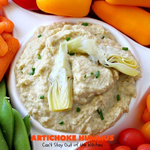Artichoke Hummus | Can't Stay Out of the Kitchen | this amazing #hummus #appetizer is great for #tailgating parties, potlucks, backyard #BBQs or any family get-together. Healthy & delicious. #vegan #glutenfree #artichokes