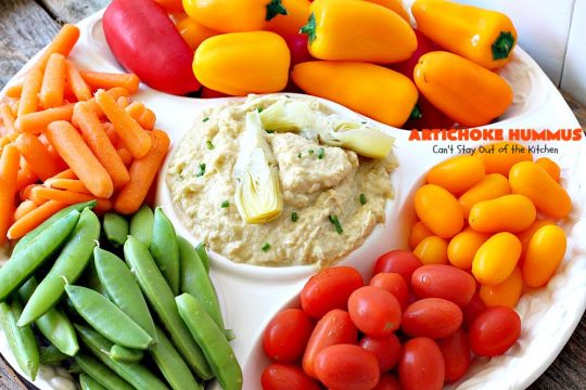Artichoke Hummus | Can't Stay Out of the Kitchen | this amazing #hummus #appetizer is great for #tailgating parties, potlucks, backyard #BBQs or any family get-together. Healthy & delicious. #vegan #glutenfree #artichokes
