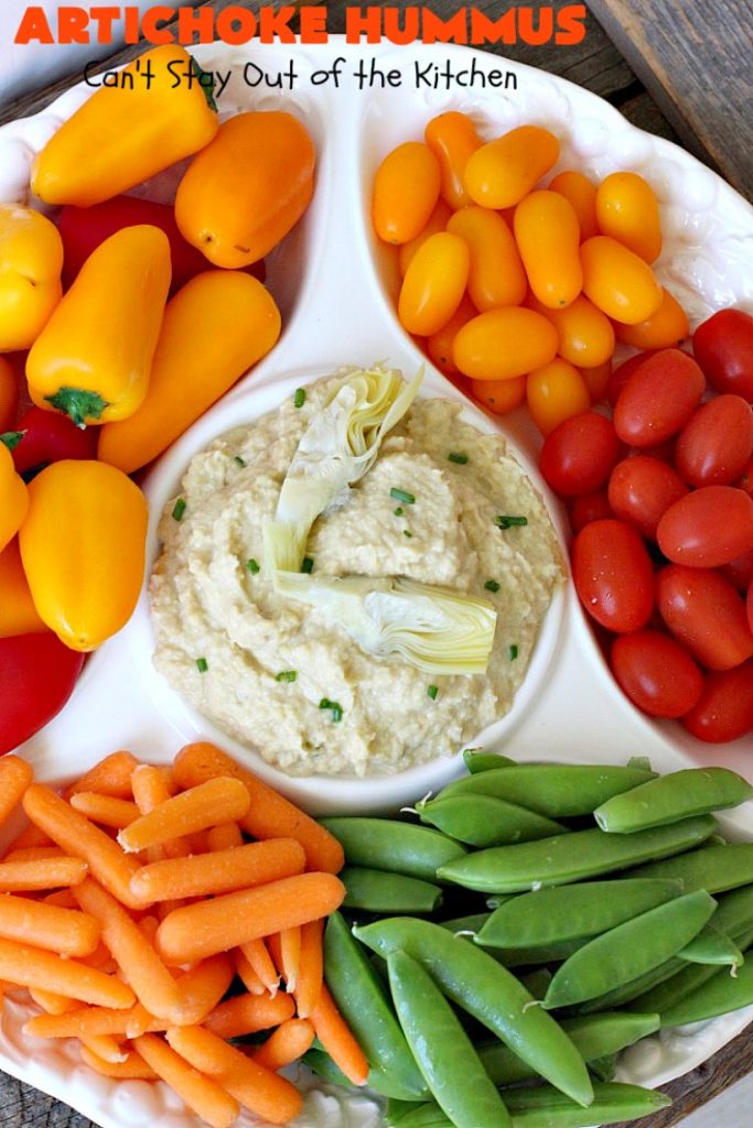 Artichoke Hummus | Can't Stay Out of the Kitchen | this amazing #hummus #appetizer is great for #tailgating parties, potlucks, backyard #BBQs or any family get-together. Healthy & delicious. #vegan #glutenfree #artichokes
