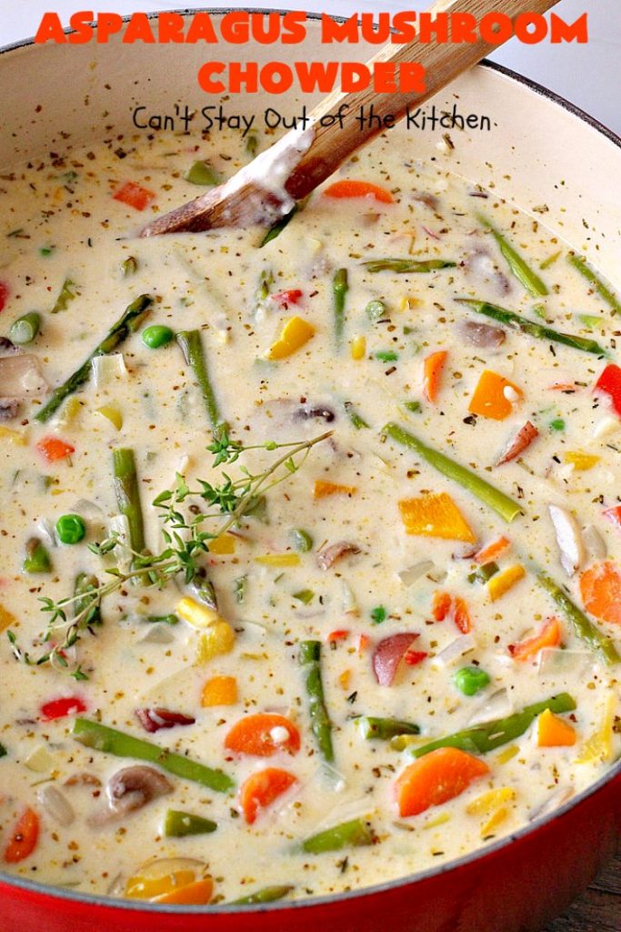 Asparagus Mushroom Chowder | Can't Stay Out of the Kitchen | this easy & delicious 30-minute #soup recipe is fantastic. It's perfect for weeknight dinners when you're short on time. Plus, it's heavenly comfort food on cold winter days. #asparagus #corn #glutenfree #peas #mushrooms 