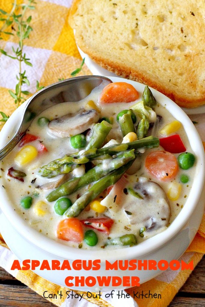 Asparagus Mushroom Chowder | Can't Stay Out of the Kitchen | this easy & delicious 30-minute #soup recipe is fantastic. It's perfect for weeknight dinners when you're short on time. Plus, it's heavenly comfort food on cold winter days. #asparagus #corn #glutenfree #peas #mushrooms 