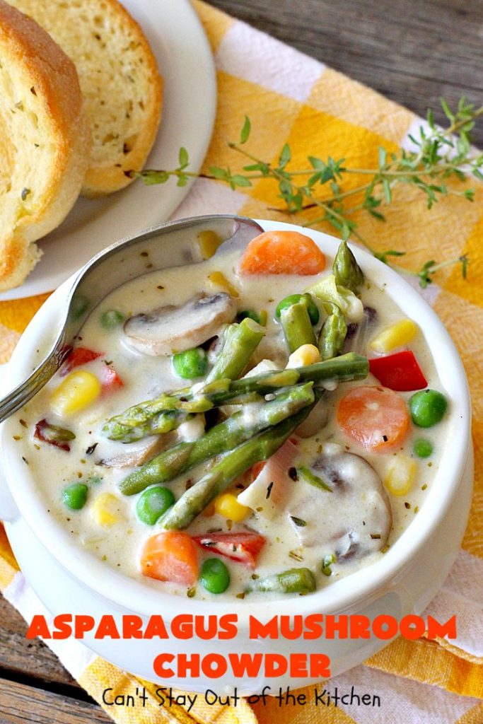 Asparagus Mushroom Chowder | Can't Stay Out of the Kitchen | this easy & delicious 30-minute #soup recipe is fantastic. It's perfect for weeknight dinners when you're short on time. Plus, it's heavenly comfort food on cold winter days. #asparagus #corn #glutenfree #peas #mushrooms 