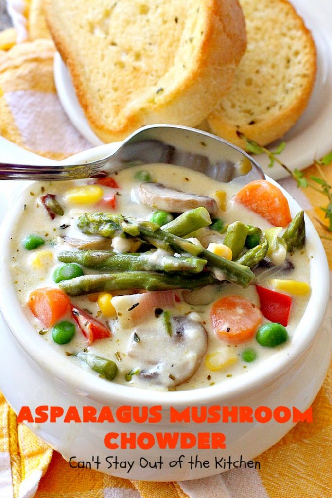 Asparagus Mushroom Chowder | Can't Stay Out of the Kitchen | this easy & delicious 30-minute #soup recipe is fantastic. It's perfect for weeknight dinners when you're short on time. Plus, it's heavenly comfort food on cold winter days. #asparagus #corn #glutenfree #peas #mushrooms 