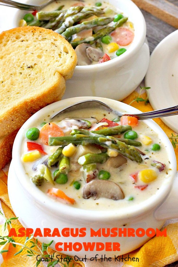Asparagus Mushroom Chowder | Can't Stay Out of the Kitchen | this easy & delicious 30-minute #soup recipe is fantastic. It's perfect for weeknight dinners when you're short on time. Plus, it's heavenly comfort food on cold winter days. #asparagus #corn #glutenfree #peas #mushrooms 