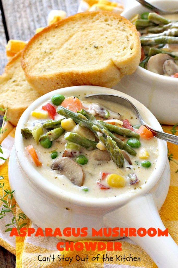 Asparagus Mushroom Chowder | Can't Stay Out of the Kitchen | this easy & delicious 30-minute #soup recipe is fantastic. It's perfect for weeknight dinners when you're short on time. Plus, it's heavenly comfort food on cold winter days. #asparagus #corn #glutenfree #peas #mushrooms 