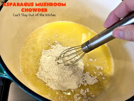 Asparagus Mushroom Chowder | Can't Stay Out of the Kitchen | this easy & delicious 30-minute #soup recipe is fantastic. It's perfect for weeknight dinners when you're short on time. Plus, it's heavenly comfort food on cold winter days. #asparagus #corn #glutenfree #peas #mushrooms 