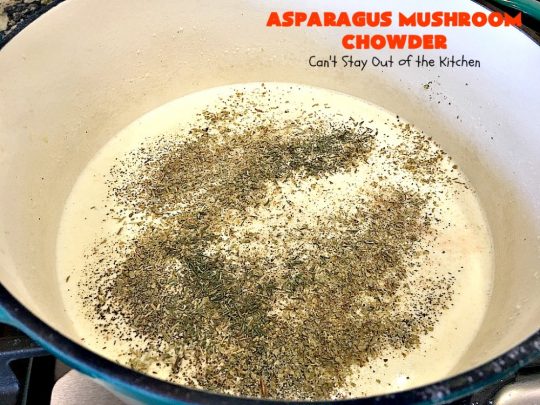 Asparagus Mushroom Chowder | Can't Stay Out of the Kitchen | this easy & delicious 30-minute #soup recipe is fantastic. It's perfect for weeknight dinners when you're short on time. Plus, it's heavenly comfort food on cold winter days. #asparagus #corn #glutenfree #peas #mushrooms 