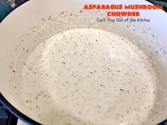 Asparagus Mushroom Chowder | Can't Stay Out of the Kitchen | this easy & delicious 30-minute #soup recipe is fantastic. It's perfect for weeknight dinners when you're short on time. Plus, it's heavenly comfort food on cold winter days. #asparagus #corn #glutenfree #peas #mushrooms 
