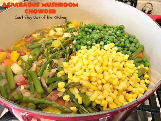 Asparagus Mushroom Chowder | Can't Stay Out of the Kitchen | this easy & delicious 30-minute #soup recipe is fantastic. It's perfect for weeknight dinners when you're short on time. Plus, it's heavenly comfort food on cold winter days. #asparagus #corn #glutenfree #peas #mushrooms 