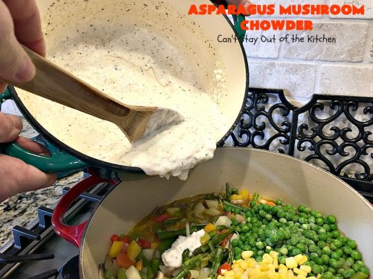 Asparagus Mushroom Chowder | Can't Stay Out of the Kitchen | this easy & delicious 30-minute #soup recipe is fantastic. It's perfect for weeknight dinners when you're short on time. Plus, it's heavenly comfort food on cold winter days. #asparagus #corn #glutenfree #peas #mushrooms 