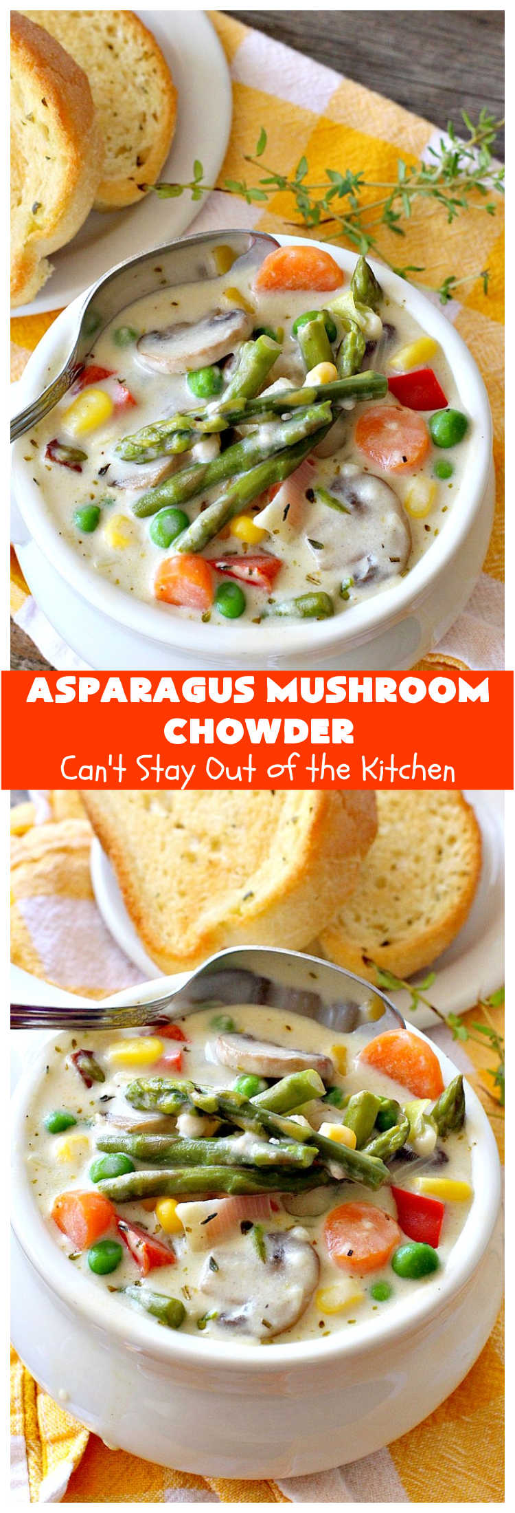 Asparagus Mushroom Chowder | Can't Stay Out of the Kitchen | this spectacular #chowder can be whipped up in 30 minutes. It's perfect for weeknight dinners. While this is a comfort food #recipe it's chocked full of #healthy veggies. Mouthwatering & irresistible! #soup #asparagus #mushrooms #potatoes #carrots #corn #GlutenFree #AsparagusMushroomChowder