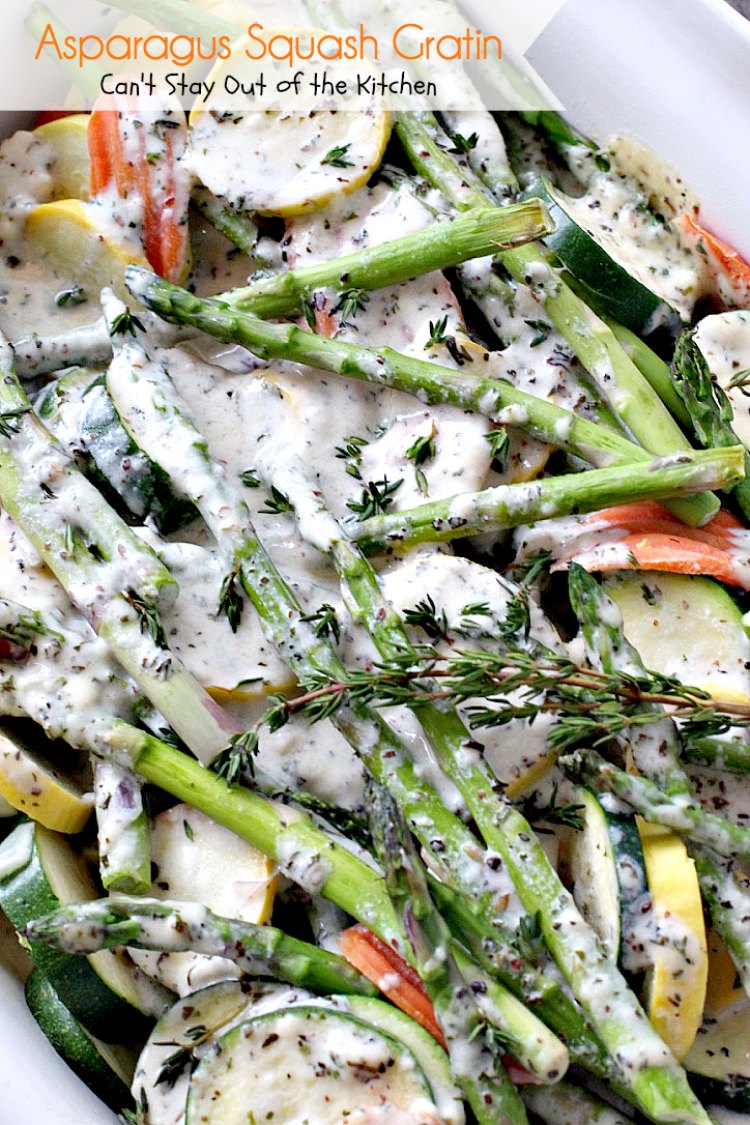 Asparagus Squash Gratin | Can't Stay Out of the Kitchen | amazing side dish with #asparagus #zucchini #carrots & #yellowsquash. This one has a wonderfully flavored cheese sauce. Great for the #holidays. #glutenfree