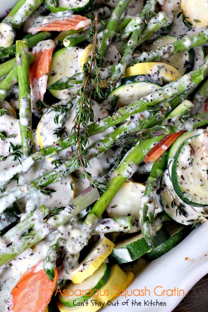 Asparagus Squash Gratin | Can't Stay Out of the Kitchen | amazing side dish with #asparagus #zucchini #carrots & #yellowsquash. This one has a wonderfully flavored cheese sauce. Great for the #holidays. #glutenfree