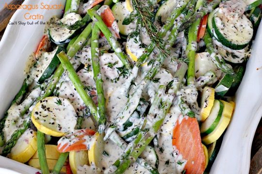 Asparagus Squash Gratin | Can't Stay Out of the Kitchen | amazing side dish with #asparagus #zucchini #carrots & #yellowsquash. This one has a wonderfully flavored cheese sauce. Great for the #holidays. #glutenfree