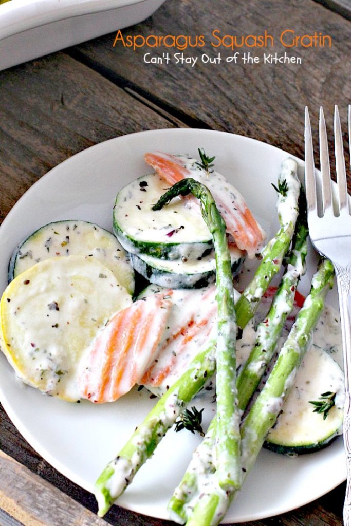 Asparagus Squash Gratin | Can't Stay Out of the Kitchen | amazing side dish with #asparagus #zucchini #carrots & #yellowsquash. This one has a wonderfully flavored cheese sauce. Great for the #holidays. #glutenfree