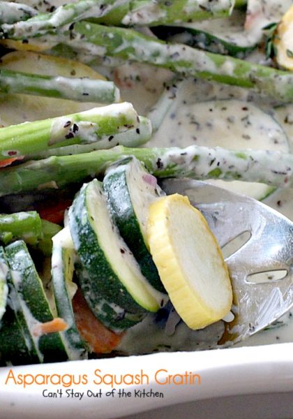 Asparagus Squash Gratin | Can't Stay Out of the Kitchen | amazing side dish with #asparagus #zucchini #carrots & #yellowsquash. This one has a wonderfully flavored cheese sauce. Great for the #holidays. #glutenfree