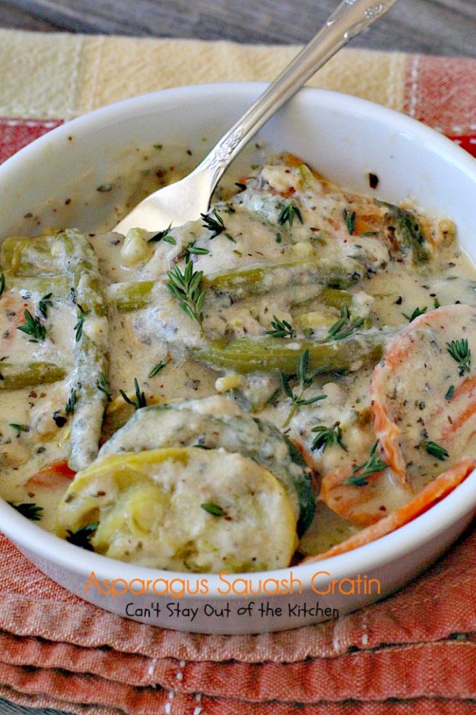 Asparagus Squash Gratin | Can't Stay Out of the Kitchen | amazing side dish with #asparagus #zucchini #carrots & #yellowsquash. This one has a wonderfully flavored cheese sauce. Great for the #holidays. #glutenfree