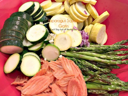 Asparagus Squash Gratin | Can't Stay Out of the Kitchen | amazing side dish with #asparagus #zucchini #carrots & #yellowsquash. This one has a wonderfully flavored cheese sauce. Great for the #holidays. #glutenfree