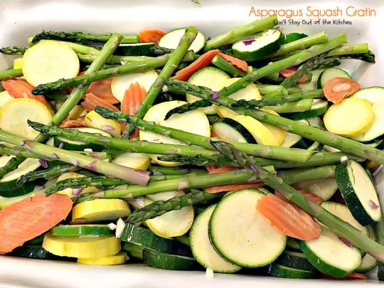 Asparagus Squash Gratin | Can't Stay Out of the Kitchen | amazing side dish with #asparagus #zucchini #carrots & #yellowsquash. This one has a wonderfully flavored cheese sauce. Great for the #holidays. #glutenfree
