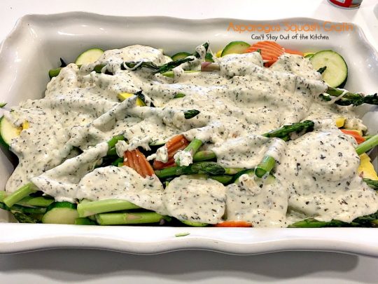 Asparagus Squash Gratin | Can't Stay Out of the Kitchen | amazing side dish with #asparagus #zucchini #carrots & #yellowsquash. This one has a wonderfully flavored cheese sauce. Great for the #holidays. #glutenfree