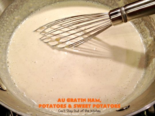 Au Gratin Ham, Potatoes and Sweet Potatoes | Can't Stay Out of the Kitchen | we love this wonderful comfort food #casserole made with #ham, #potatoes & #sweetpotatoes. It has a delicious creamy, #cheese sauce. It's also wonderful for company or family dinners.