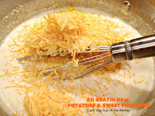 Au Gratin Ham, Potatoes and Sweet Potatoes | Can't Stay Out of the Kitchen | we love this wonderful comfort food #casserole made with #ham, #potatoes & #sweetpotatoes. It has a delicious creamy, #cheese sauce. It's also wonderful for company or family dinners.