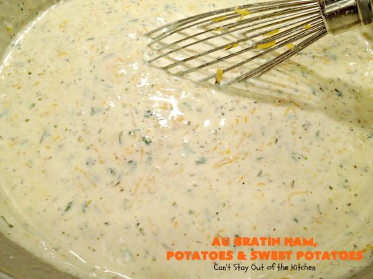 Au Gratin Ham, Potatoes and Sweet Potatoes | Can't Stay Out of the Kitchen | we love this wonderful comfort food #casserole made with #ham, #potatoes & #sweetpotatoes. It has a delicious creamy, #cheese sauce. It's also wonderful for company or family dinners.