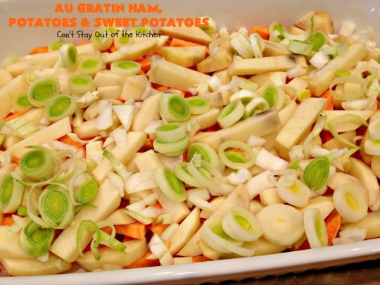 Au Gratin Ham, Potatoes and Sweet Potatoes | Can't Stay Out of the Kitchen | we love this wonderful comfort food #casserole made with #ham, #potatoes & #sweetpotatoes. It has a delicious creamy, #cheese sauce. It's also wonderful for company or family dinners.