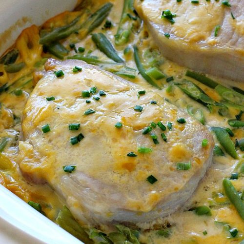Au Gratin Pork Chops | Can't Stay Out of the Kitchen | fantastic & easy one-dish meal with #AuGratinPotatoes, #GreenBeans & #PorkChops. The sauce packets include #CreamOfMushroomSoup & #CheddarCheeseSoup for exceptionally delicious flavors. #AuGratinPorkChops
