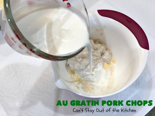 Au Gratin Pork Chops | Can't Stay Out of the Kitchen | fantastic & easy one-dish meal with #AuGratinPotatoes, #GreenBeans & #PorkChops. The sauce packets include #CreamOfMushroomSoup & #CheddarCheeseSoup for exceptionally delicious flavors. #AuGratinPorkChops