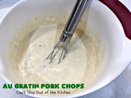 Au Gratin Pork Chops | Can't Stay Out of the Kitchen | fantastic & easy one-dish meal with #AuGratinPotatoes, #GreenBeans & #PorkChops. The sauce packets include #CreamOfMushroomSoup & #CheddarCheeseSoup for exceptionally delicious flavors. #AuGratinPorkChops