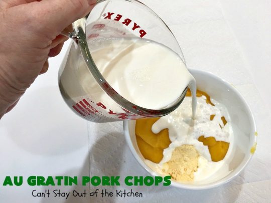 Au Gratin Pork Chops | Can't Stay Out of the Kitchen | fantastic & easy one-dish meal with #AuGratinPotatoes, #GreenBeans & #PorkChops. The sauce packets include #CreamOfMushroomSoup & #CheddarCheeseSoup for exceptionally delicious flavors. #AuGratinPorkChops