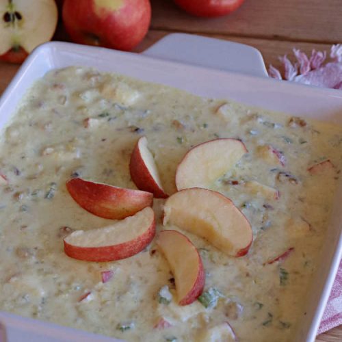Autumn Apple Salad | Can't Stay Out of the Kitchen | If you're looking for a tasty & delicious side #salad for a #FourthOfJuly or #LaborDay #picnic, this one's terrific. It's a lovely #CongealedSalad made with #LemonJellO, #apples, #celery, #pineapple, #walnuts, #CreamCheese & #CoolWhip. Serve it on a bed of #lettuce & it's nice enough for fancy #dinners! This #GlutenFree #recipe can be made in advance making it perfect for #holidays, company or weeknight dinners. #AutumnAppleSalad
