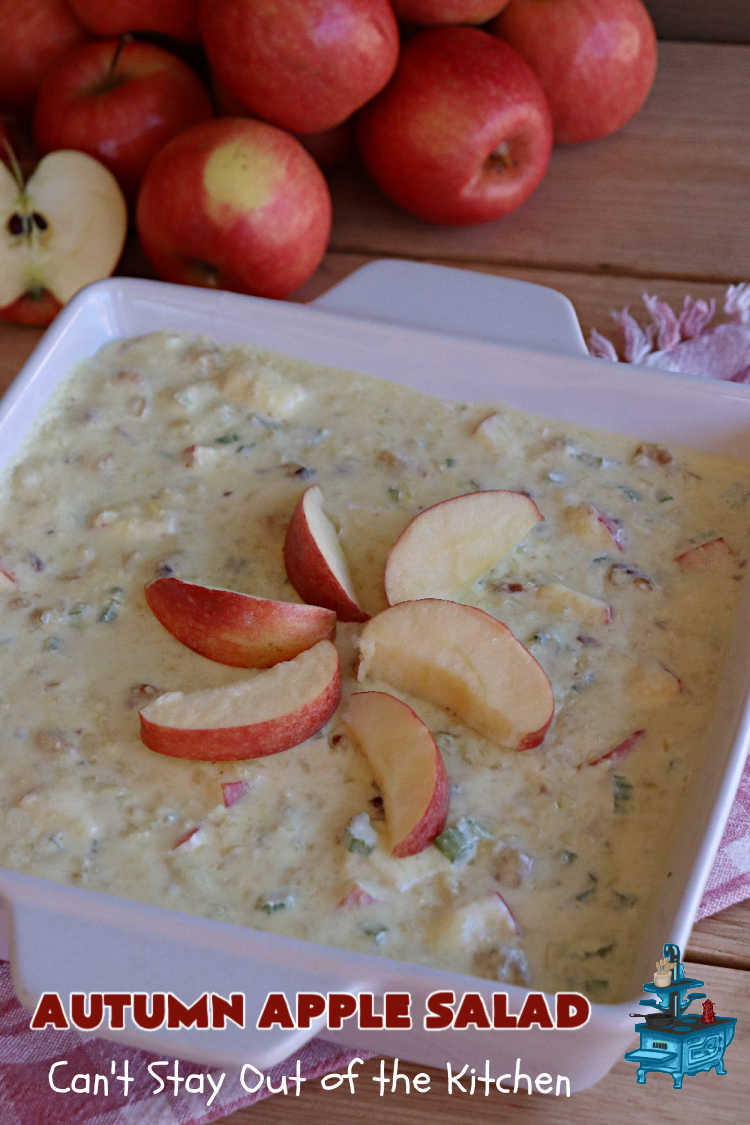 Autumn Apple Salad | Can't Stay Out of the Kitchen | If you're looking for a tasty & delicious side #salad for a #FourthOfJuly or #LaborDay #picnic, this one's terrific. It's a lovely #CongealedSalad made with #LemonJellO, #apples, #celery, #pineapple, #walnuts, #CreamCheese & #CoolWhip. Serve it on a bed of #lettuce & it's nice enough for fancy #dinners! This #GlutenFree #recipe can be made in advance making it perfect for #holidays, company or weeknight dinners. #AutumnAppleSalad