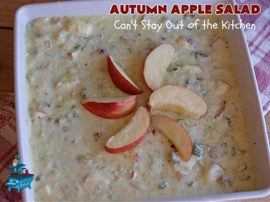 Autumn Apple Salad | Can't Stay Out of the Kitchen | If you're looking for a tasty & delicious side #salad for a #FourthOfJuly or #LaborDay #picnic, this one's terrific. It's a lovely #CongealedSalad made with #LemonJellO, #apples, #celery, #pineapple, #walnuts, #CreamCheese & #CoolWhip. Serve it on a bed of #lettuce & it's nice enough for fancy #dinners! This #GlutenFree #recipe can be made in advance making it perfect for #holidays, company or weeknight dinners. #AutumnAppleSalad