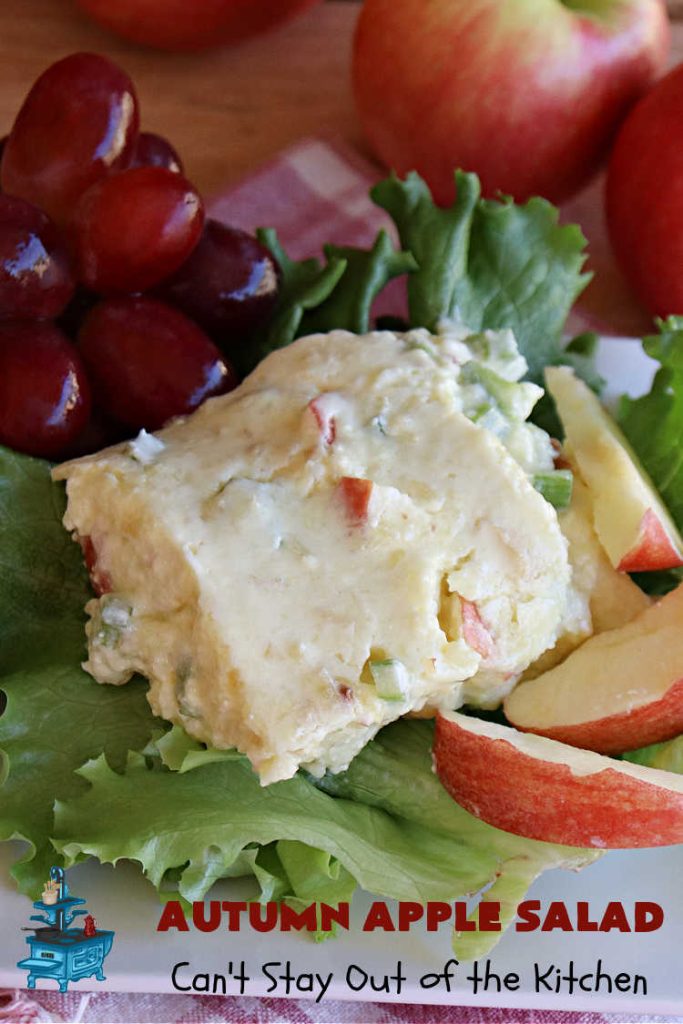 Autumn Apple Salad | Can't Stay Out of the Kitchen | If you're looking for a tasty & delicious side #salad for a #FourthOfJuly or #LaborDay #picnic, this one's terrific. It's a lovely #CongealedSalad made with #LemonJellO, #apples, #celery, #pineapple, #walnuts, #CreamCheese & #CoolWhip. Serve it on a bed of #lettuce & it's nice enough for fancy #dinners! This #GlutenFree #recipe can be made in advance making it perfect for #holidays, company or weeknight dinners. #AutumnAppleSalad