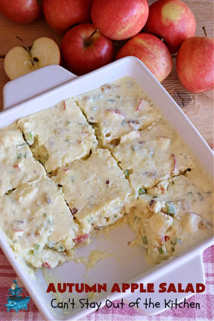 Autumn Apple Salad | Can't Stay Out of the Kitchen | If you're looking for a tasty & delicious side #salad for a #FourthOfJuly or #LaborDay #picnic, this one's terrific. It's a lovely #CongealedSalad made with #LemonJellO, #apples, #celery, #pineapple, #walnuts, #CreamCheese & #CoolWhip. Serve it on a bed of #lettuce & it's nice enough for fancy #dinners! This #GlutenFree #recipe can be made in advance making it perfect for #holidays, company or weeknight dinners. #AutumnAppleSalad