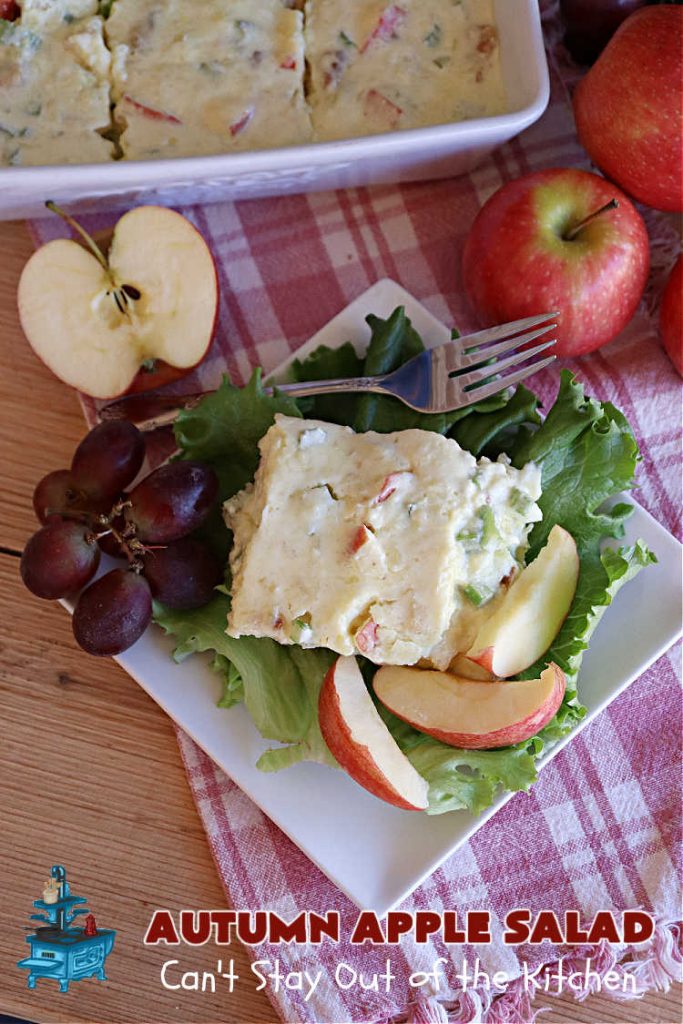 Autumn Apple Salad | Can't Stay Out of the Kitchen | If you're looking for a tasty & delicious side #salad for a #FourthOfJuly or #LaborDay #picnic, this one's terrific. It's a lovely #CongealedSalad made with #LemonJellO, #apples, #celery, #pineapple, #walnuts, #CreamCheese & #CoolWhip. Serve it on a bed of #lettuce & it's nice enough for fancy #dinners! This #GlutenFree #recipe can be made in advance making it perfect for #holidays, company or weeknight dinners. #AutumnAppleSalad