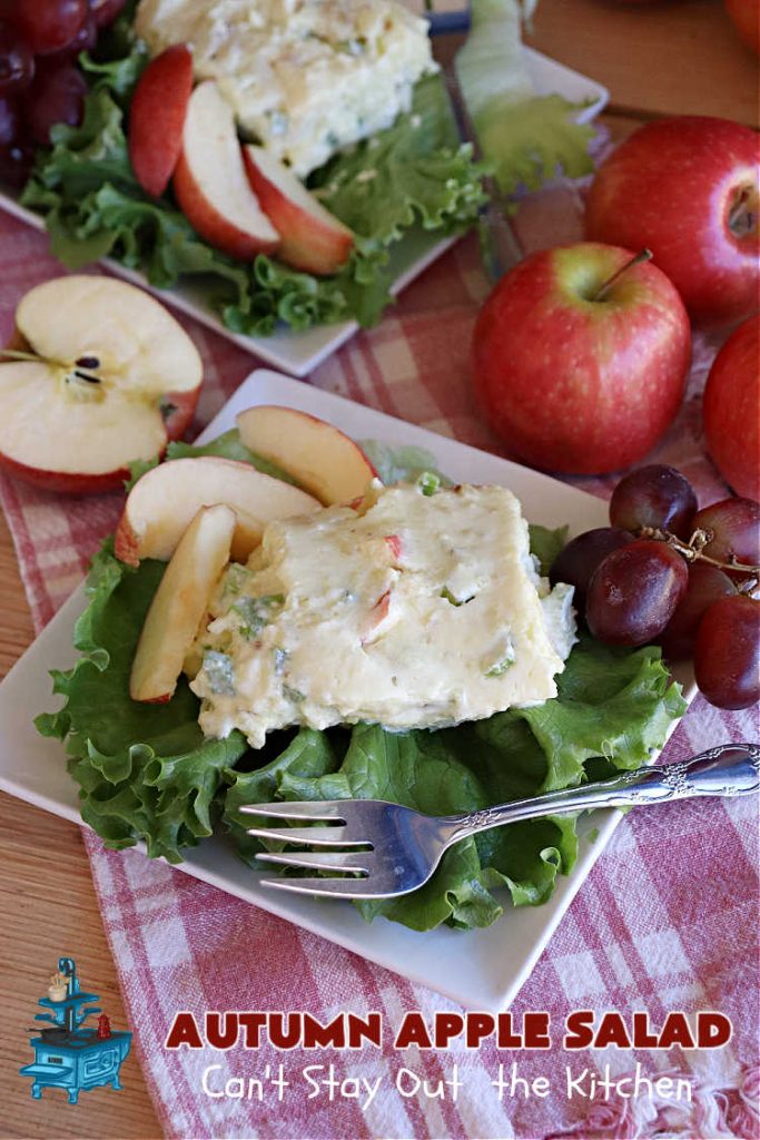 Autumn Apple Salad | Can't Stay Out of the Kitchen | If you're looking for a tasty & delicious side #salad for a #FourthOfJuly or #LaborDay #picnic, this one's terrific. It's a lovely #CongealedSalad made with #LemonJellO, #apples, #celery, #pineapple, #walnuts, #CreamCheese & #CoolWhip. Serve it on a bed of #lettuce & it's nice enough for fancy #dinners! This #GlutenFree #recipe can be made in advance making it perfect for #holidays, company or weeknight dinners. #AutumnAppleSalad