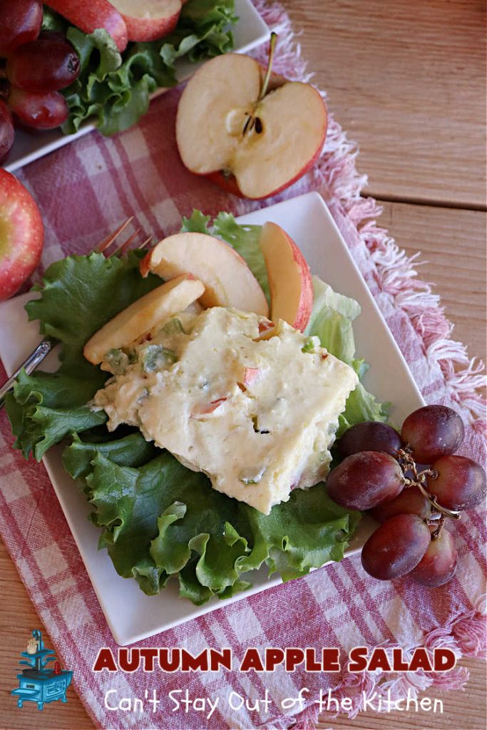 Autumn Apple Salad | Can't Stay Out of the Kitchen | If you're looking for a tasty & delicious side #salad for a #FourthOfJuly or #LaborDay #picnic, this one's terrific. It's a lovely #CongealedSalad made with #LemonJellO, #apples, #celery, #pineapple, #walnuts, #CreamCheese & #CoolWhip. Serve it on a bed of #lettuce & it's nice enough for fancy #dinners! This #GlutenFree #recipe can be made in advance making it perfect for #holidays, company or weeknight dinners. #AutumnAppleSalad