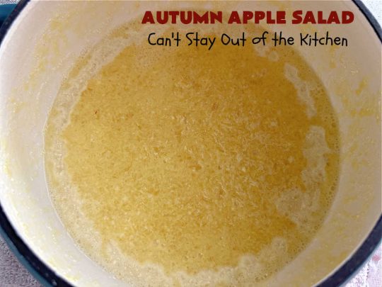 Autumn Apple Salad | Can't Stay Out of the Kitchen | If you're looking for a tasty & delicious side #salad for a #FourthOfJuly or #LaborDay #picnic, this one's terrific. It's a lovely #CongealedSalad made with #LemonJellO, #apples, #celery, #pineapple, #walnuts, #CreamCheese & #CoolWhip. Serve it on a bed of #lettuce & it's nice enough for fancy #dinners! This #GlutenFree #recipe can be made in advance making it perfect for #holidays, company or weeknight dinners. #AutumnAppleSalad