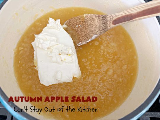 Autumn Apple Salad | Can't Stay Out of the Kitchen | If you're looking for a tasty & delicious side #salad for a #FourthOfJuly or #LaborDay #picnic, this one's terrific. It's a lovely #CongealedSalad made with #LemonJellO, #apples, #celery, #pineapple, #walnuts, #CreamCheese & #CoolWhip. Serve it on a bed of #lettuce & it's nice enough for fancy #dinners! This #GlutenFree #recipe can be made in advance making it perfect for #holidays, company or weeknight dinners. #AutumnAppleSalad 