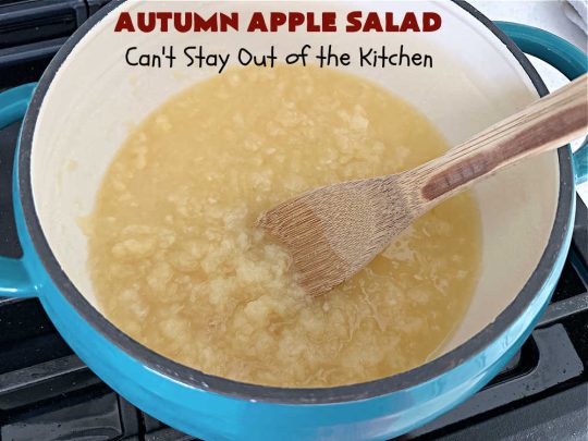 Autumn Apple Salad | Can't Stay Out of the Kitchen | If you're looking for a tasty & delicious side #salad for a #FourthOfJuly or #LaborDay #picnic, this one's terrific. It's a lovely #CongealedSalad made with #LemonJellO, #apples, #celery, #pineapple, #walnuts, #CreamCheese & #CoolWhip. Serve it on a bed of #lettuce & it's nice enough for fancy #dinners! This #GlutenFree #recipe can be made in advance making it perfect for #holidays, company or weeknight dinners. #AutumnAppleSalad