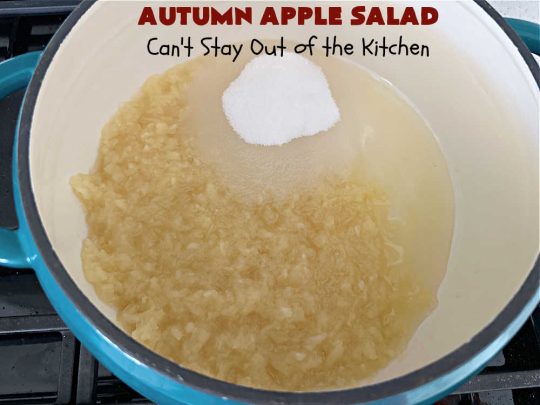 Autumn Apple Salad | Can't Stay Out of the Kitchen | If you're looking for a tasty & delicious side #salad for a #FourthOfJuly or #LaborDay #picnic, this one's terrific. It's a lovely #CongealedSalad made with #LemonJellO, #apples, #celery, #pineapple, #walnuts, #CreamCheese & #CoolWhip. Serve it on a bed of #lettuce & it's nice enough for fancy #dinners! This #GlutenFree #recipe can be made in advance making it perfect for #holidays, company or weeknight dinners. #AutumnAppleSalad
